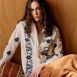 Sezane Cream and Blue Embroidered Top